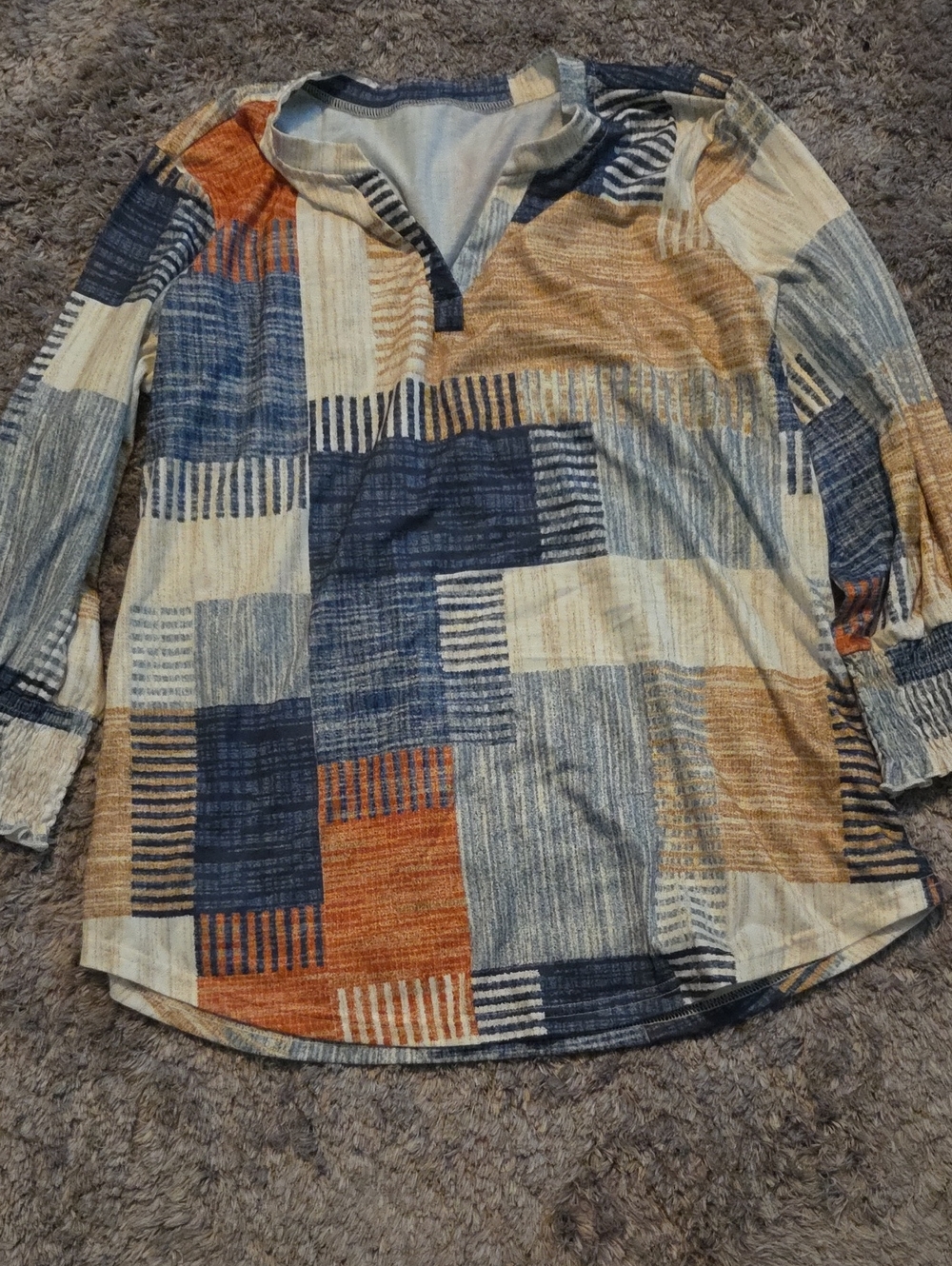 Patchwork Print V-Neck Tunic Top in Navy, Rust & Cream